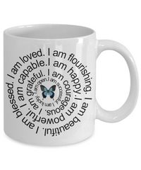 Load image into Gallery viewer, Positive Affirmation Mug - I am Loved Blessed Flourishing, Karma Coffee Mug for Women Girls Teens, Inspirational Mantra Gifts, 11 Oz Cup
