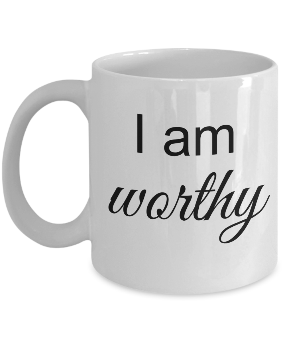 Mantra Mug - I am Worthy Positive Affirmation Statement, Inspirational Gift Ideas for Girls Teens Women, 11 Oz Coffee Cup