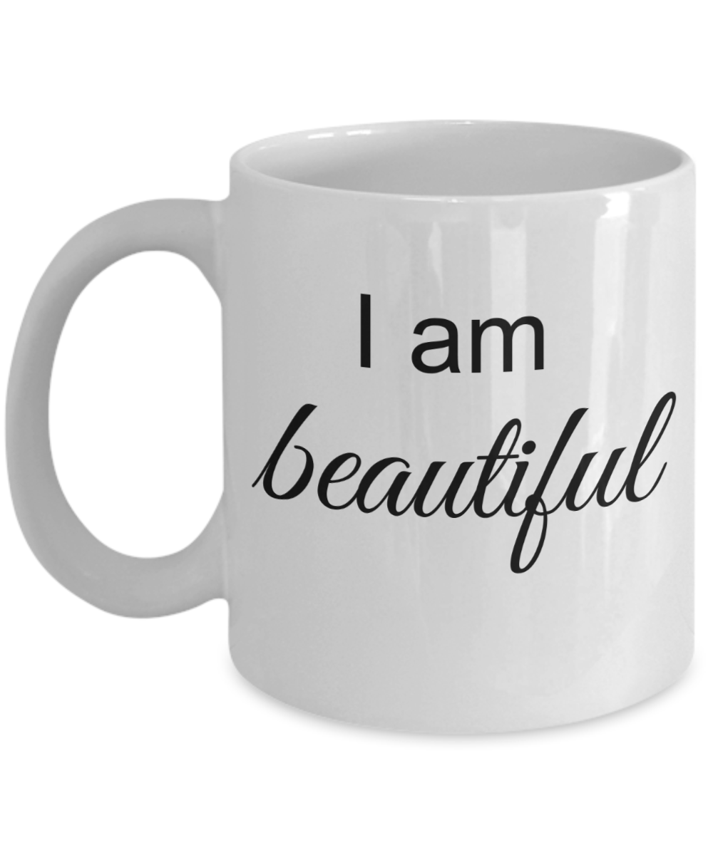 Mantra Mug - I am Beautiful, Inspirational Gift Ideas for Girls Teens Women, Positive Affirmation Coffee Cup, 11 Oz