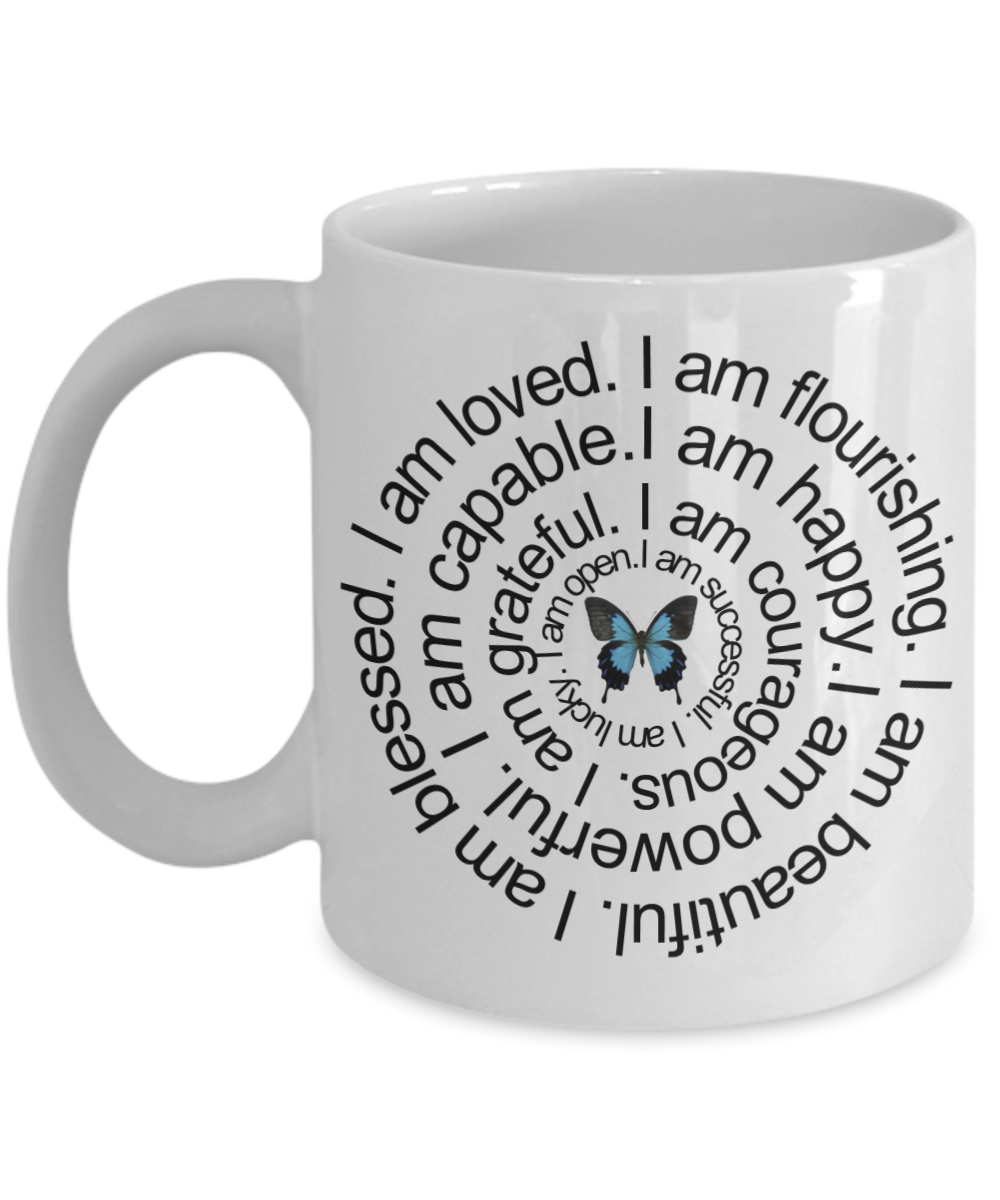 Positive Affirmation Mug - I am Loved Blessed Flourishing, Karma Coffee Mug for Women Girls Teens, Inspirational Mantra Gifts, 11 Oz Cup